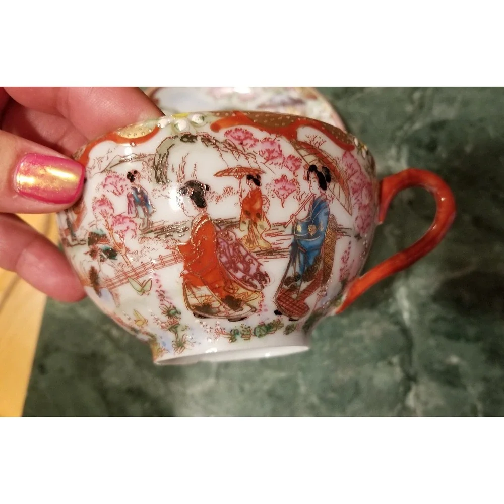 Antique Japanese Kutani Geisha Girl Hand Painted Cup & Saucer Set of 2